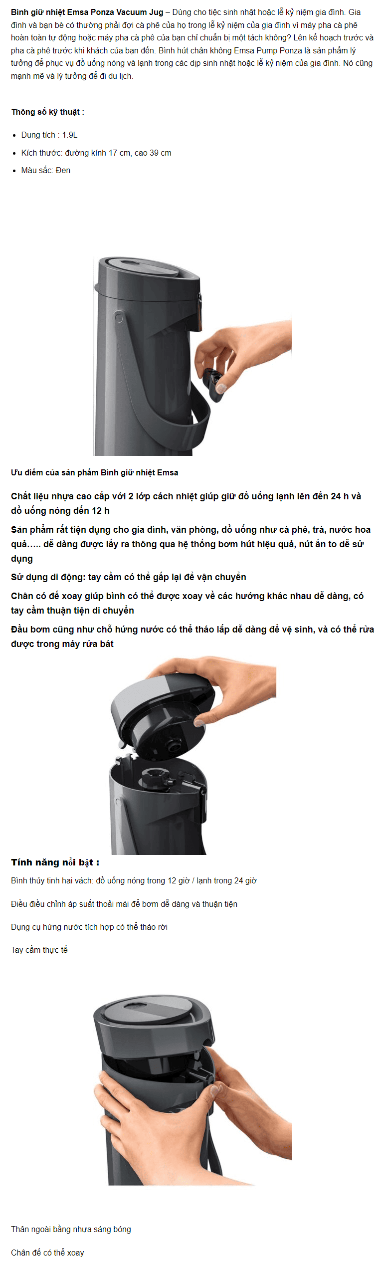 Bình giữ nhiệt Emsa Ponza Vacuum Jug xám 1,9 l