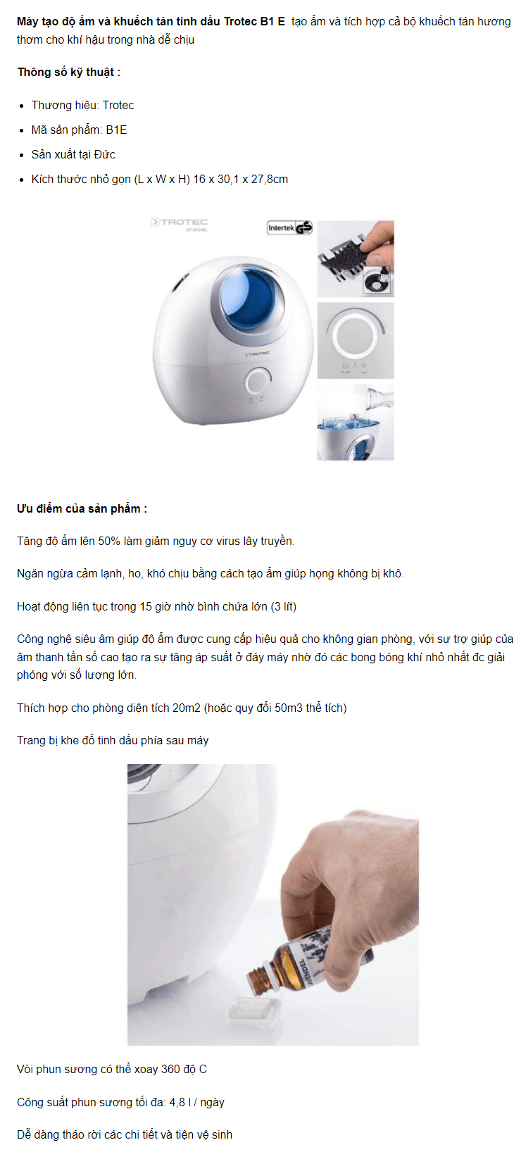 Máy xông tinh dầu Trotec B1E 7 Máy xông tinh dầu Trotec B1E