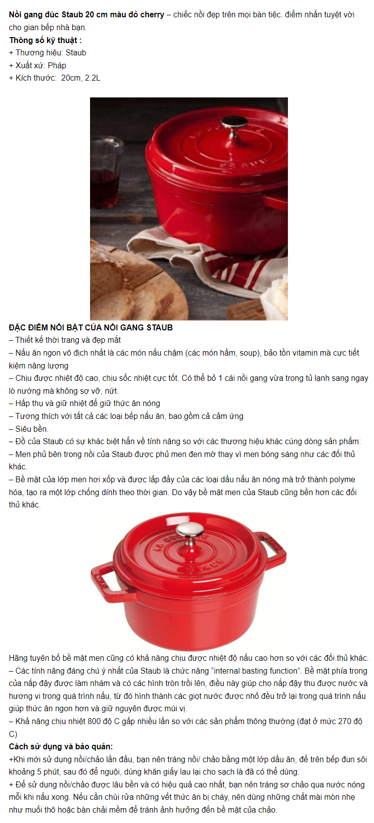 Nồi gang Staub 20cm 2.25L - màu đỏ (line A)