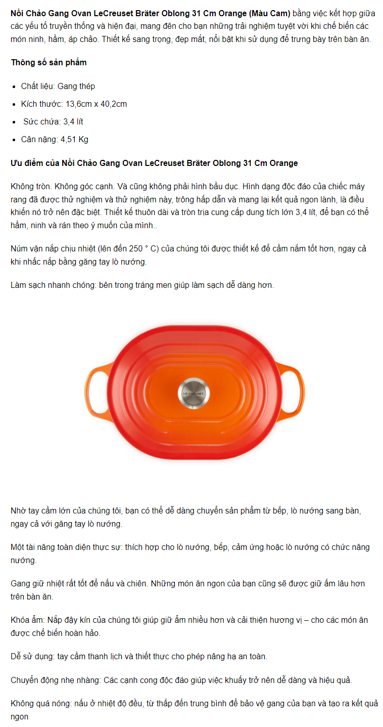 Nồi Chảo Gang Ovan LeCreuset Bräter Oblong 31 Cm Orange (Màu Cam)