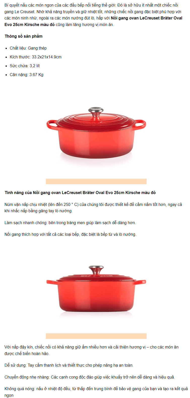 Nồi Gang Ovan LeCreuset Bräter Oval Evo 25cm Kirsche Màu Đỏ