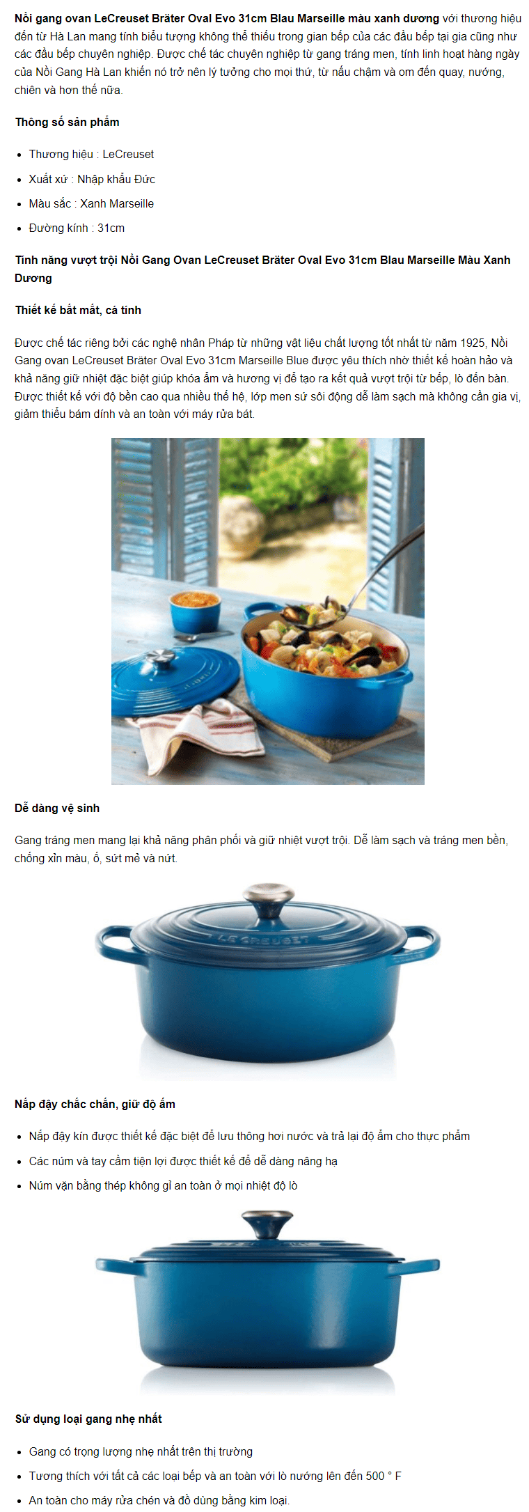 Nồi Gang Ovan LeCreuset Bräter Oval Evo 31cm Blau Marseille Màu Xanh Dương