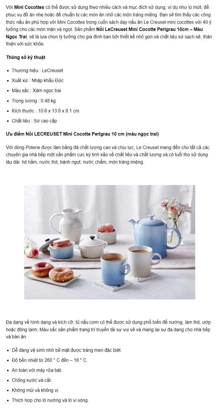 Nồi LECREUSET Mini Cocotte Perlgrau 10 cm (Màu Ngọc Trai)