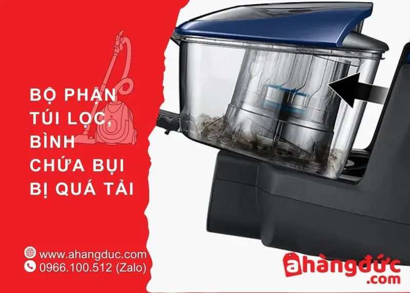 Máy hút bụi bị yếu? Nguyên nhân và cách khắc phục 9 Bộ phận túi lọc, bình chứa bụi bị quá tải