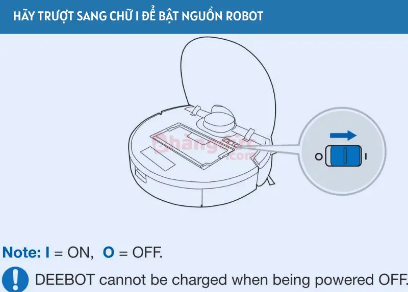 Cách cài đặt Robot hút bụi Ecovacs Deebot tại nhà từ A-Z Cùng Chuyên gia 11 Bật mở nguồn robot hút bụi Ecovacs Deebot