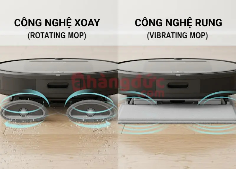 Top 5 robot hút bụi lau nhà tự giặt giẻ: Cuộc cách mạng thầm lặng đang giải phóng cuối tuần của bạn 11 Cuộc đối đầu của các công nghệ lau sàn: Lau xoay áp lực (trái) và lau rung siêu âm (phải), mỗi loại có một thế mạnh riêng.