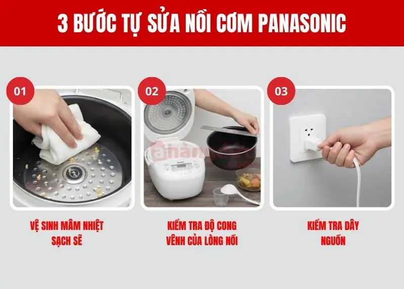 Sửa nồi cơm Panasonic: Bí kíp "bắt bệnh" và sửa chữa từ A-Z ngay tại nhà! 10 Các bước tự kiểm tra đơn giản bạn có thể thực hiện tại nhà: Vệ sinh mâm nhiệt, kiểm tra lòng nồi và dây nguồn.