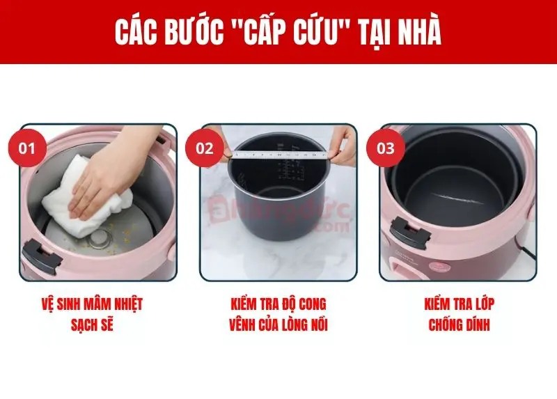 Sửa nồi cơm điện bị khê: giải cứu bữa cơm khỏi "thảm họa" cháy đen 8 Các bước "cấp cứu" tại nhà bạn có thể thực hiện: Vệ sinh mâm nhiệt, kiểm tra lòng nồi và lớp chống dính.