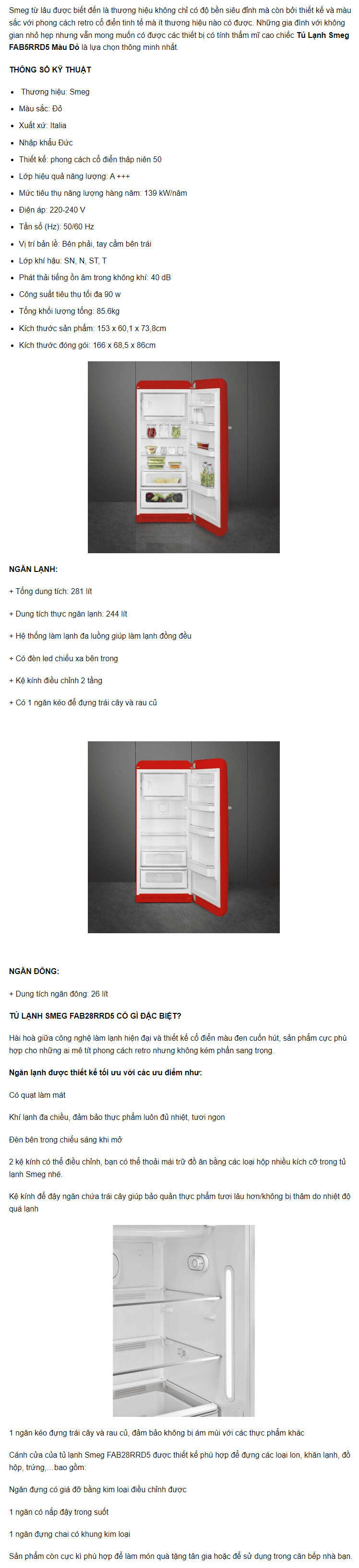 Tủ Lạnh Smeg FAB28RRD5 Màu Đỏ