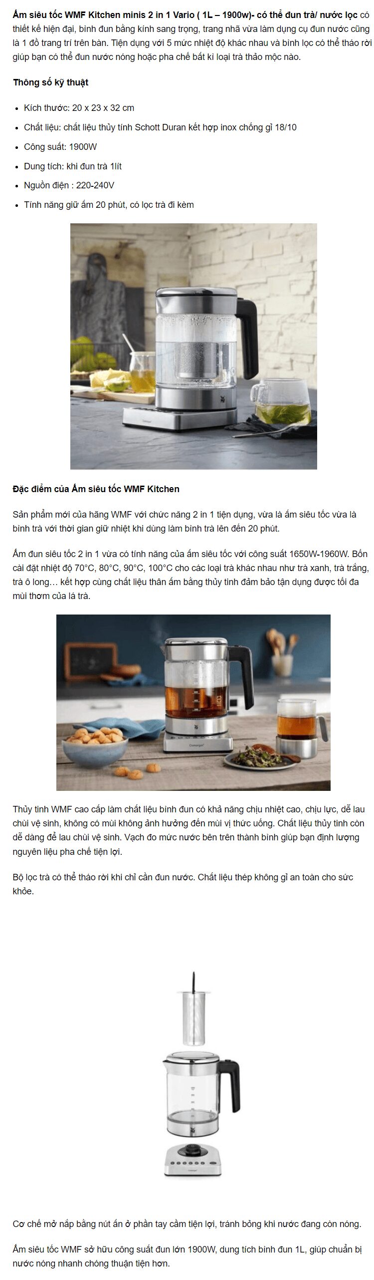 Ấm Siêu Tốc WMF Kitchen Minis 2 in 1 Vario ( 1L - 1900w)- Có Thể Đun Trà/ Nước Lọc