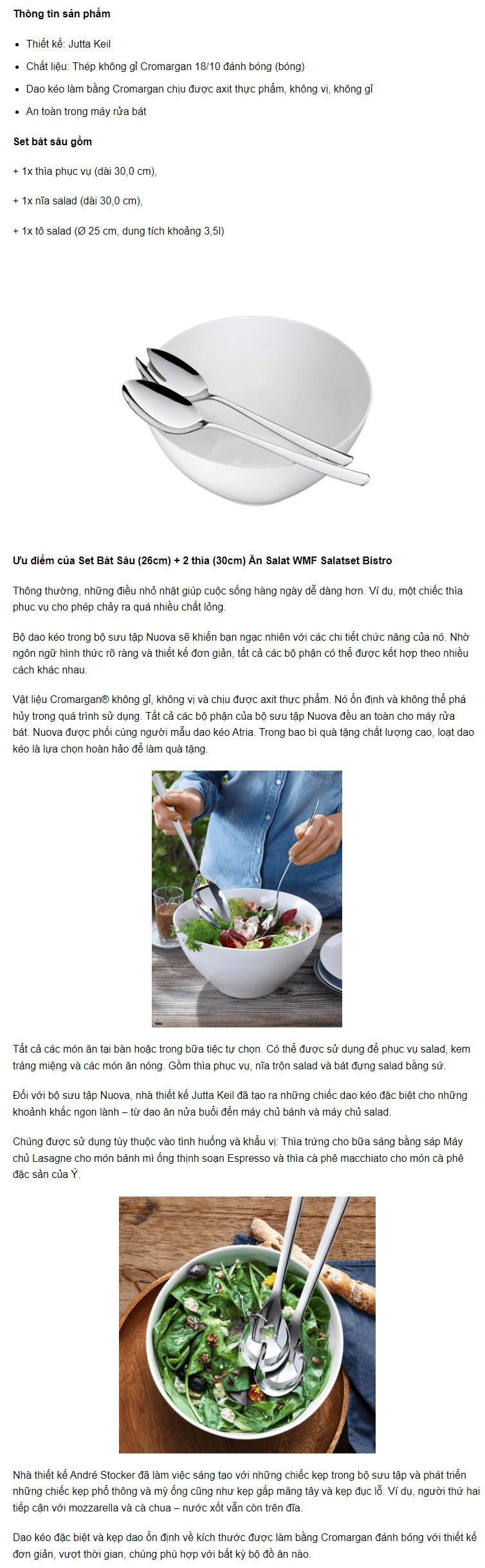 Set Bát Sâu (26cm) + 2 thìa (30cm) Ăn Salat WMF Salatset Bistro