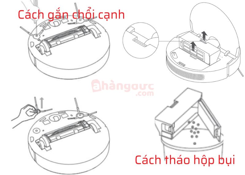 Cách gắn chổi cạnh và tháo hộp bụi robot hút bụi Mi để vệ sinh