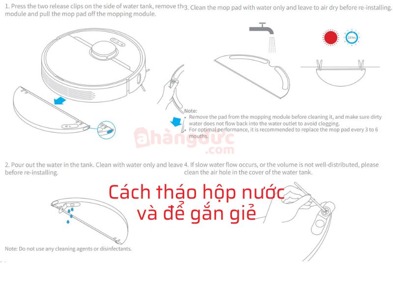 Cách tháo hộp nước robot hút bụi lau nhà Mi và đế gắn giẻ