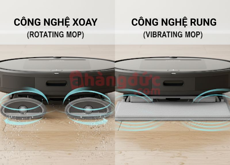 Cuộc đối đầu của các công nghệ lau sàn: Lau xoay áp lực (trái) và lau rung siêu âm (phải), mỗi loại có một thế mạnh riêng.