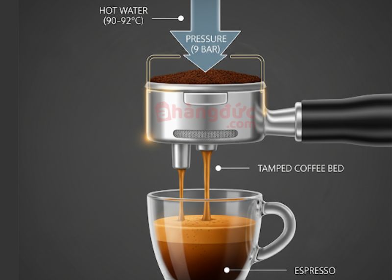 Bí mật bên trong cỗ máy: Nước nóng ở nhiệt độ vàng và áp suất cực lớn kết hợp để tạo ra espresso chỉ trong 30 giây.
