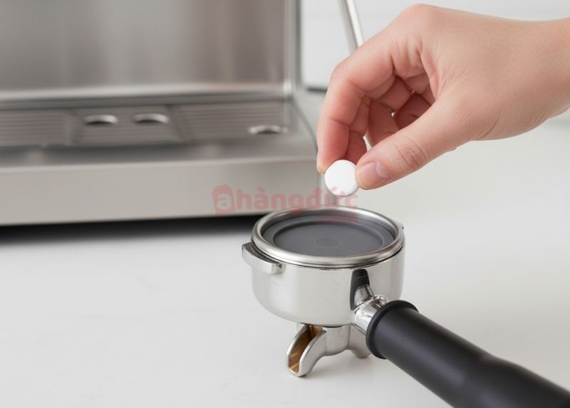 Viên vệ sinh và phin mù kết hợp để loại bỏ dầu cà phê tích tụ sâu bên trong khi đèn 'Clean Me' báo hiệu.