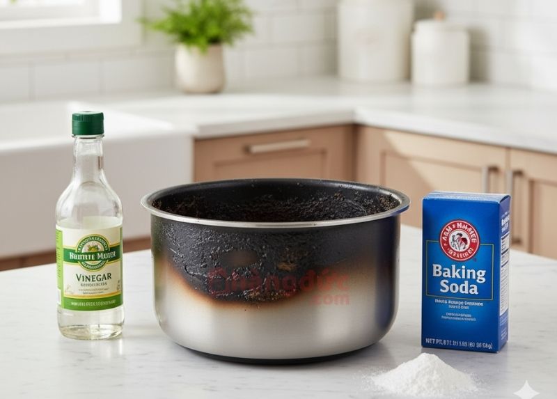 Giấm và baking soda là "cứu tinh" hiệu quả cho lòng nồi bị cháy khét.