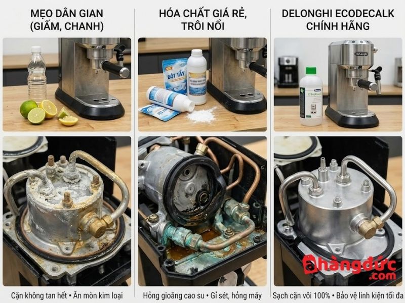 Bảng so sánh hiệu quả dung dịch tẩy cặn máy cà phê Delonghi