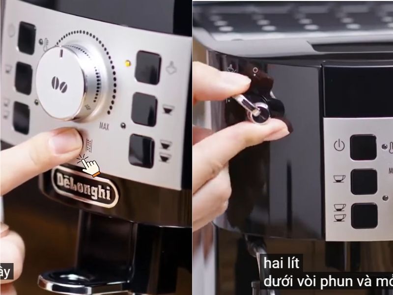 Bước 2_ Đặt một chiếc âu hoặc ca lớn (dung tích khoảng 1.5 lít) ở dưới vòi đánh sữa_vòi nước nóng và vòi chiết xuất cà phê
